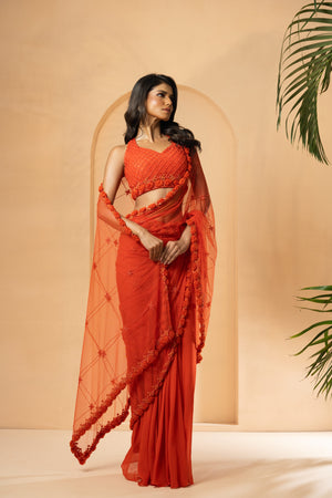 Orange Embroidered Drape Saree image 0
