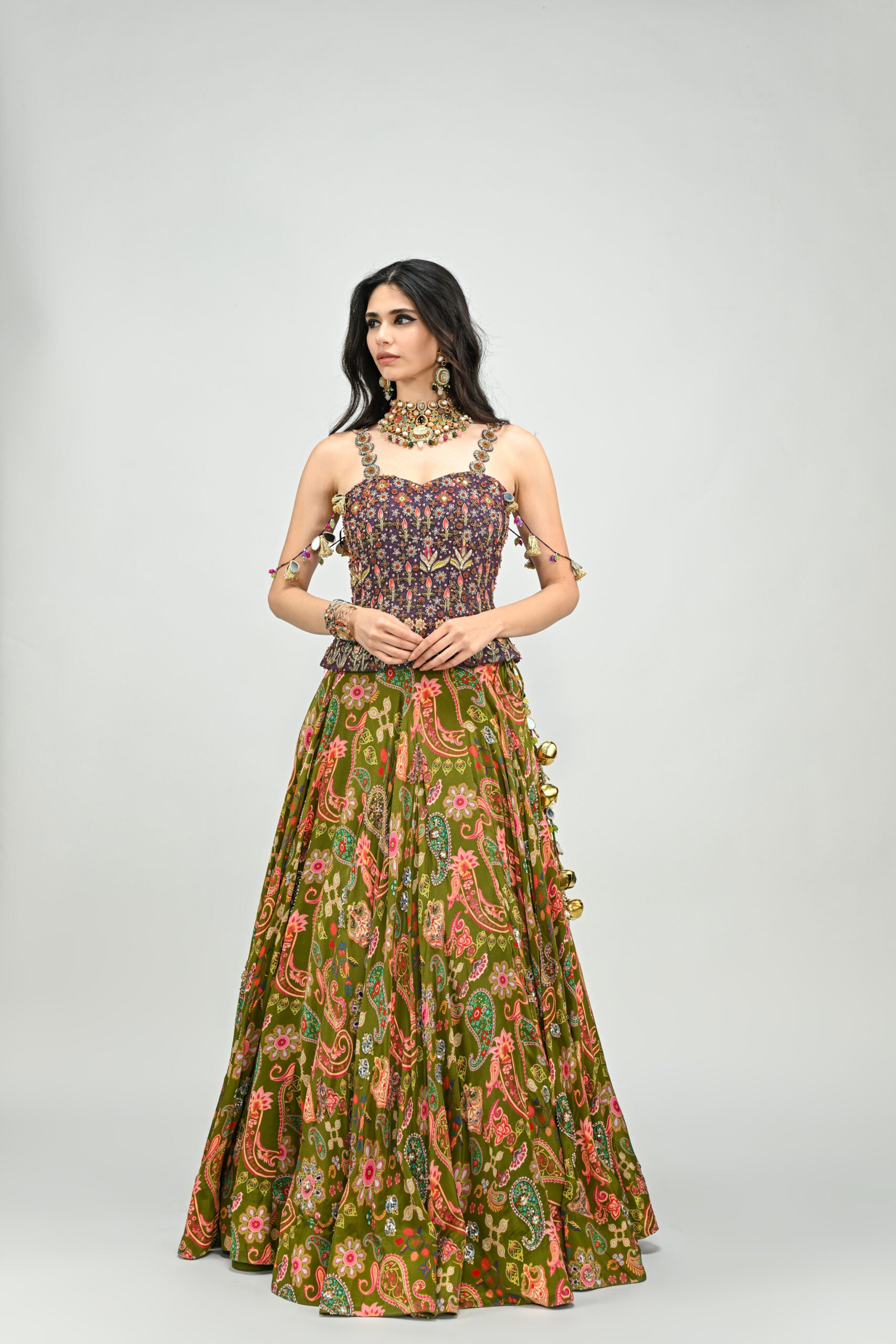 Olive Highlihted Lehenga Paired With Plum Embroidered Badla Corset (without dupatta) - Custom image