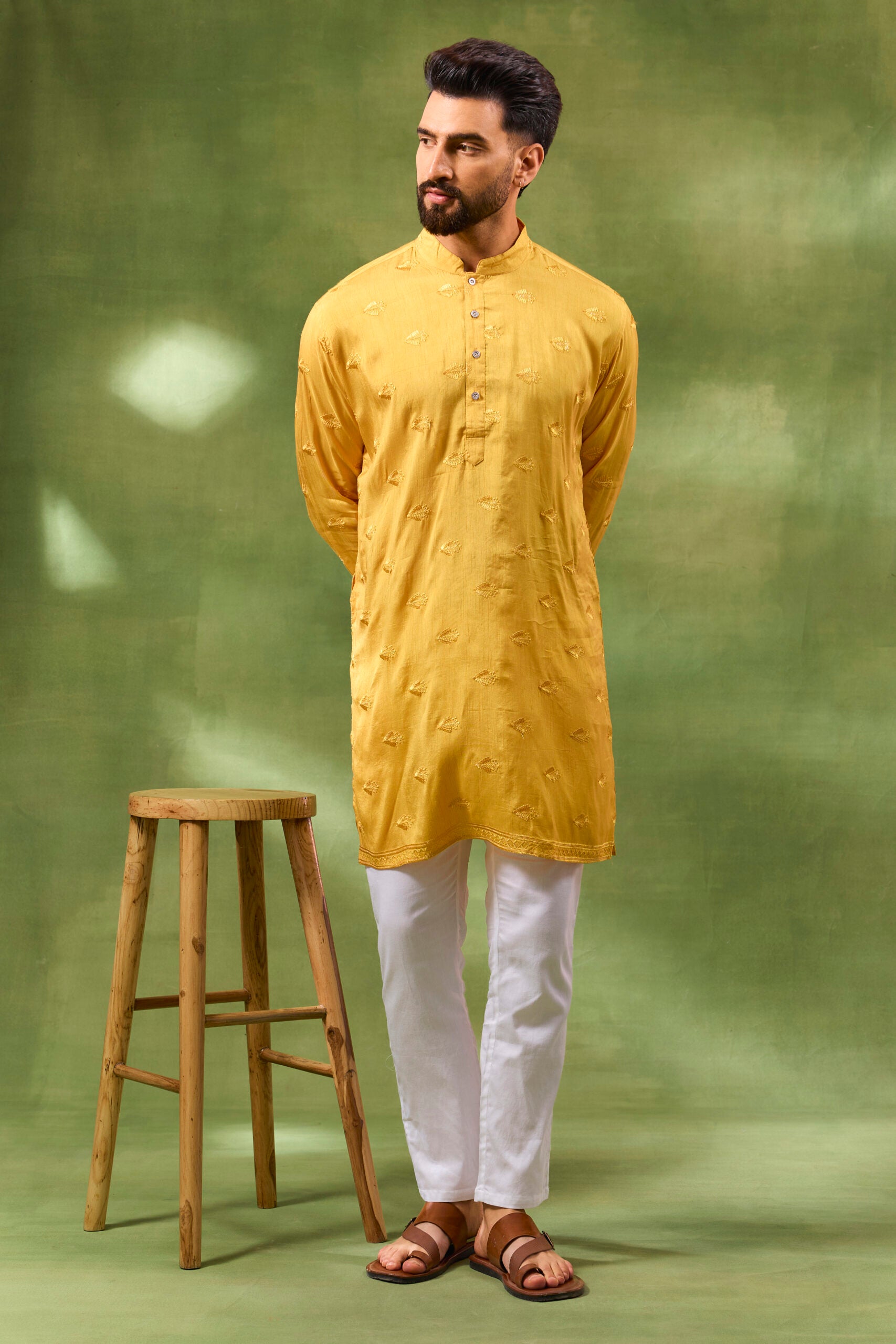 Mustard Border Embroidered Kurta Set image