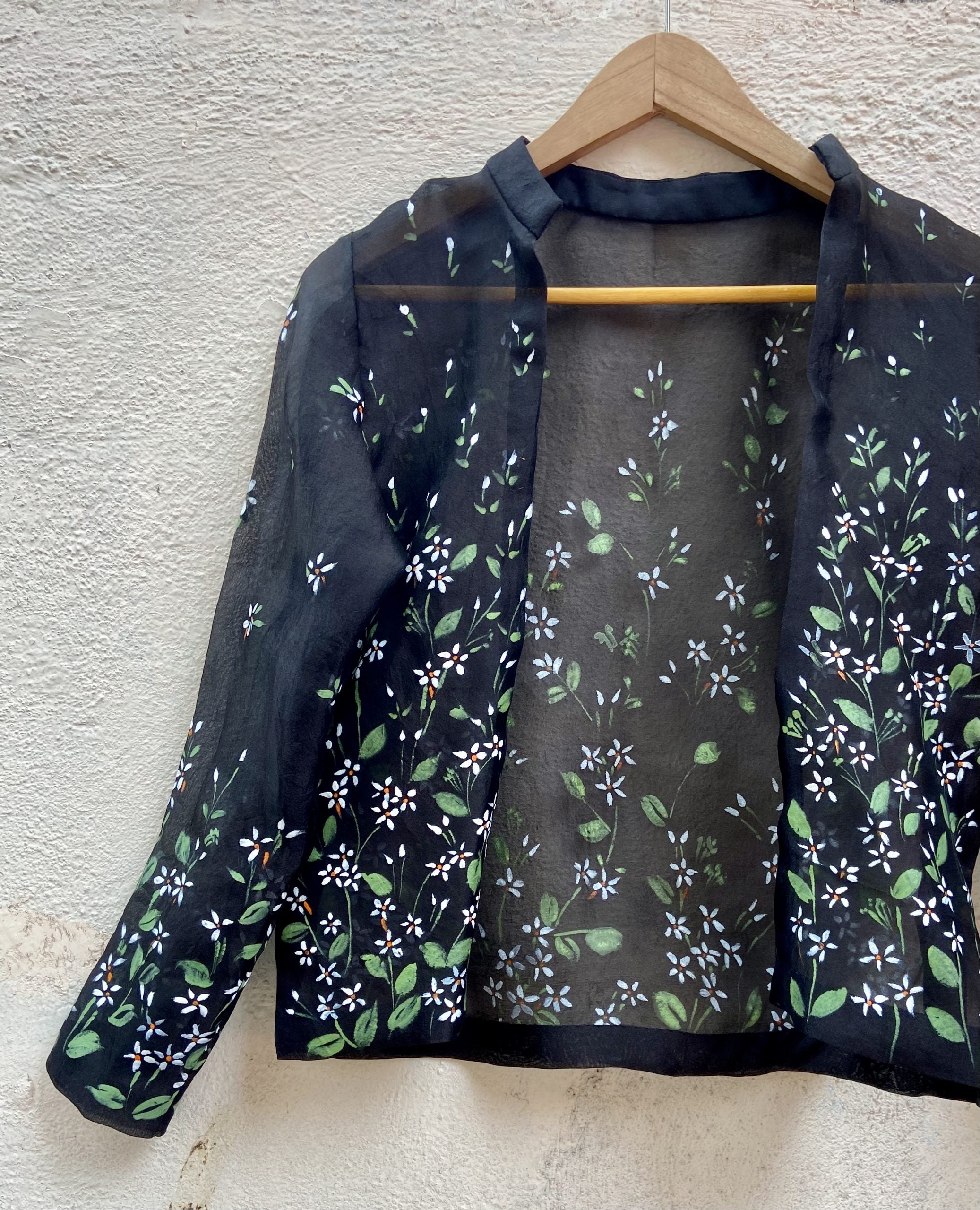 Black Raw Silk Lehenga Set with Handprinted Jacket image 4