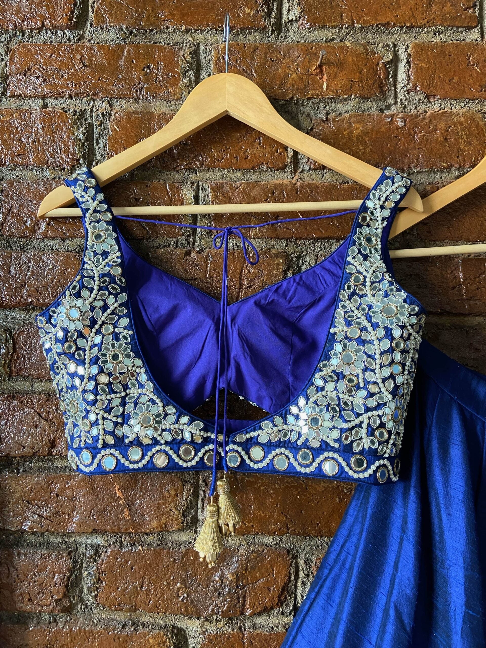 Royal Blue Raw Silk Mirror Work Lehenga Set image 2