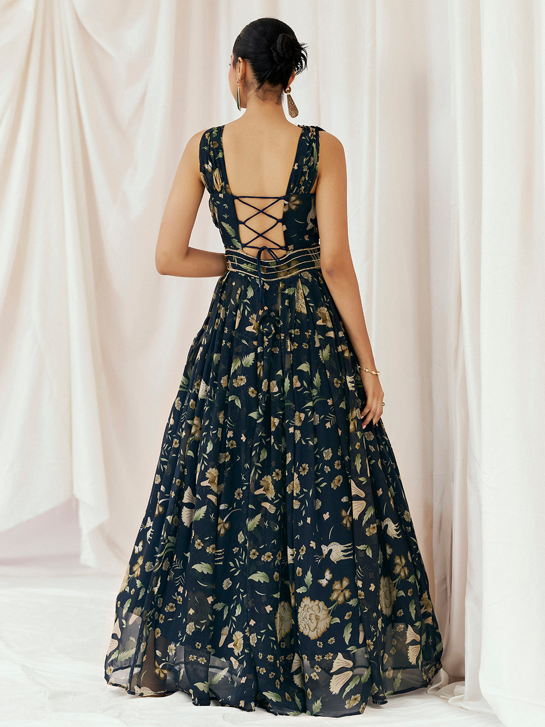 Navy Blue Printed Embroidered Gown image 1