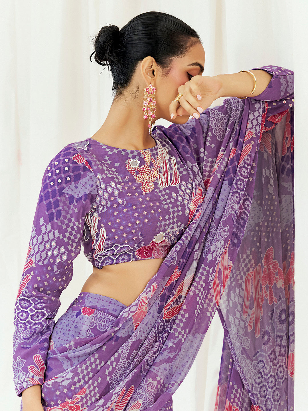 Violet Printed Embroidered Drape Saree Set image 2