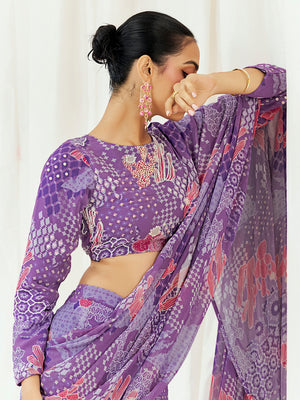 Violet Printed Embroidered Drape Saree Set image 2