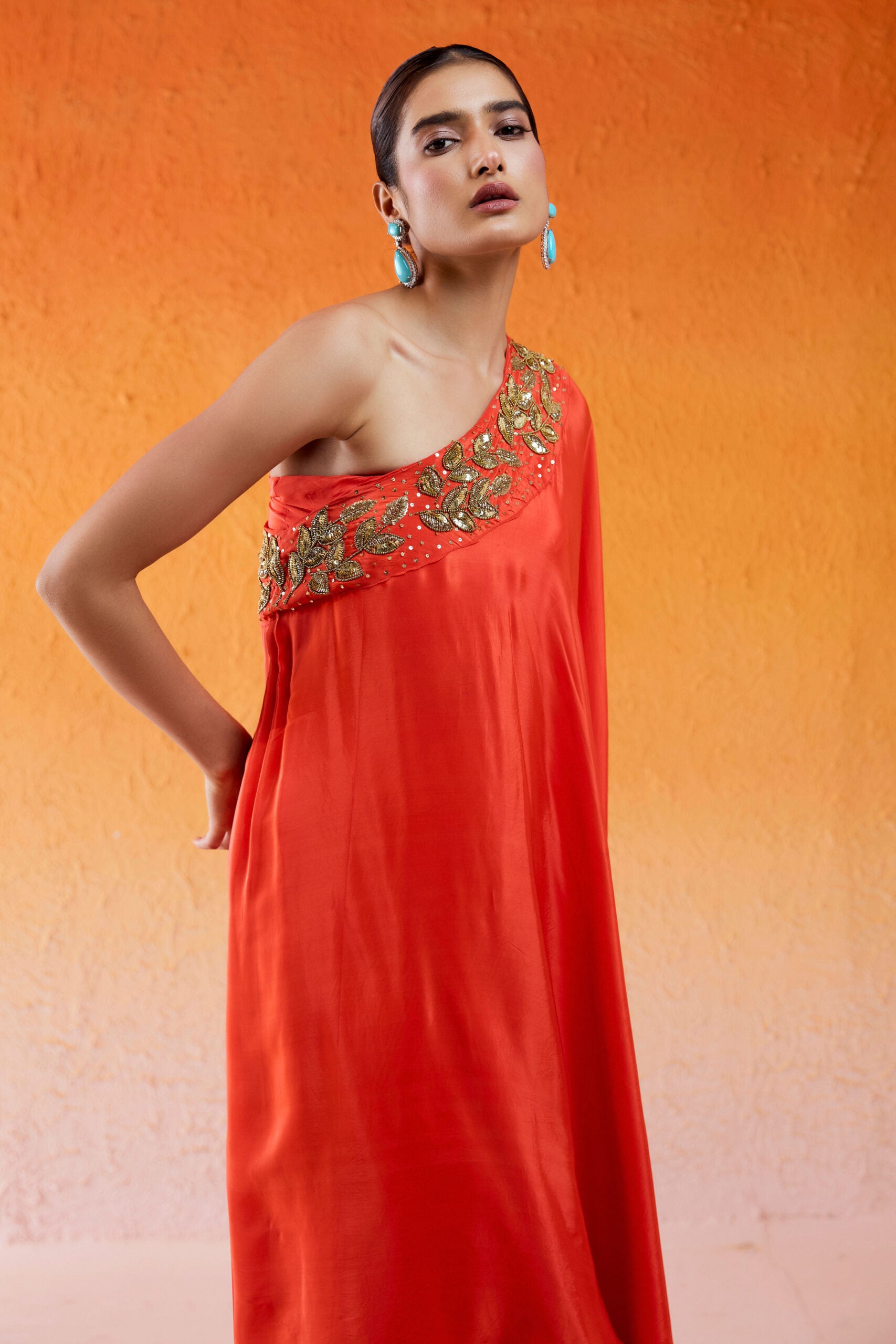 Scarlet Red One Shoulder Embroidered Dress with Flared Palazzos image 7