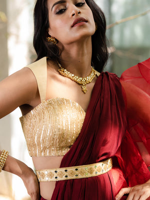 Maroon and Gold Lasha Saree Set image 2