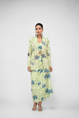 Peacock Bralette, Cowl Skirt Paired With Highlighted Peacock Blazer Set image 4