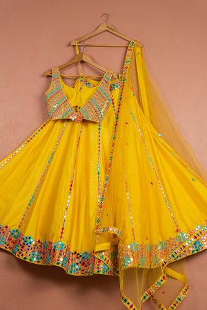 Sunshine Yellow Multicolor Thread &amp; Mirrorwork Lehenga Set image 3