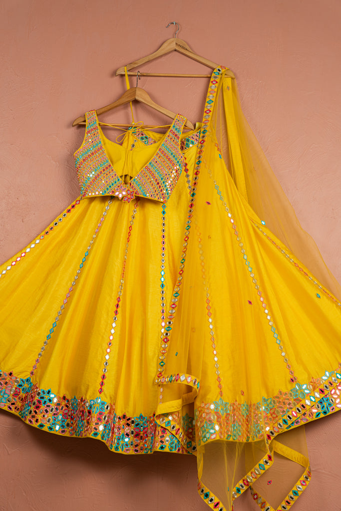 Sunshine Yellow Multicolor Thread &amp; Mirrorwork Lehenga Set image 3