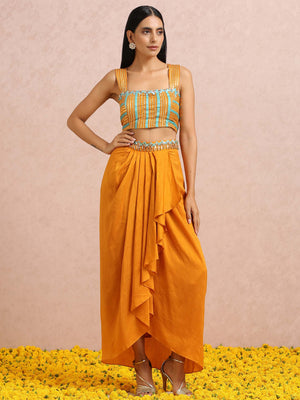 Rust Orange Dhoti Skirt Set with Teal Cape image 6