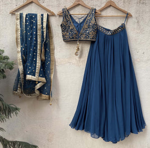 Teal Georgette Embroidered Lehenga Set image 2