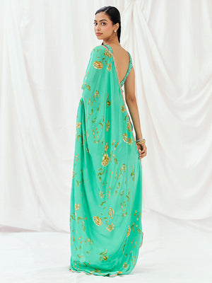 Turquoise Printed Embroidered Drape Saree Set image 5