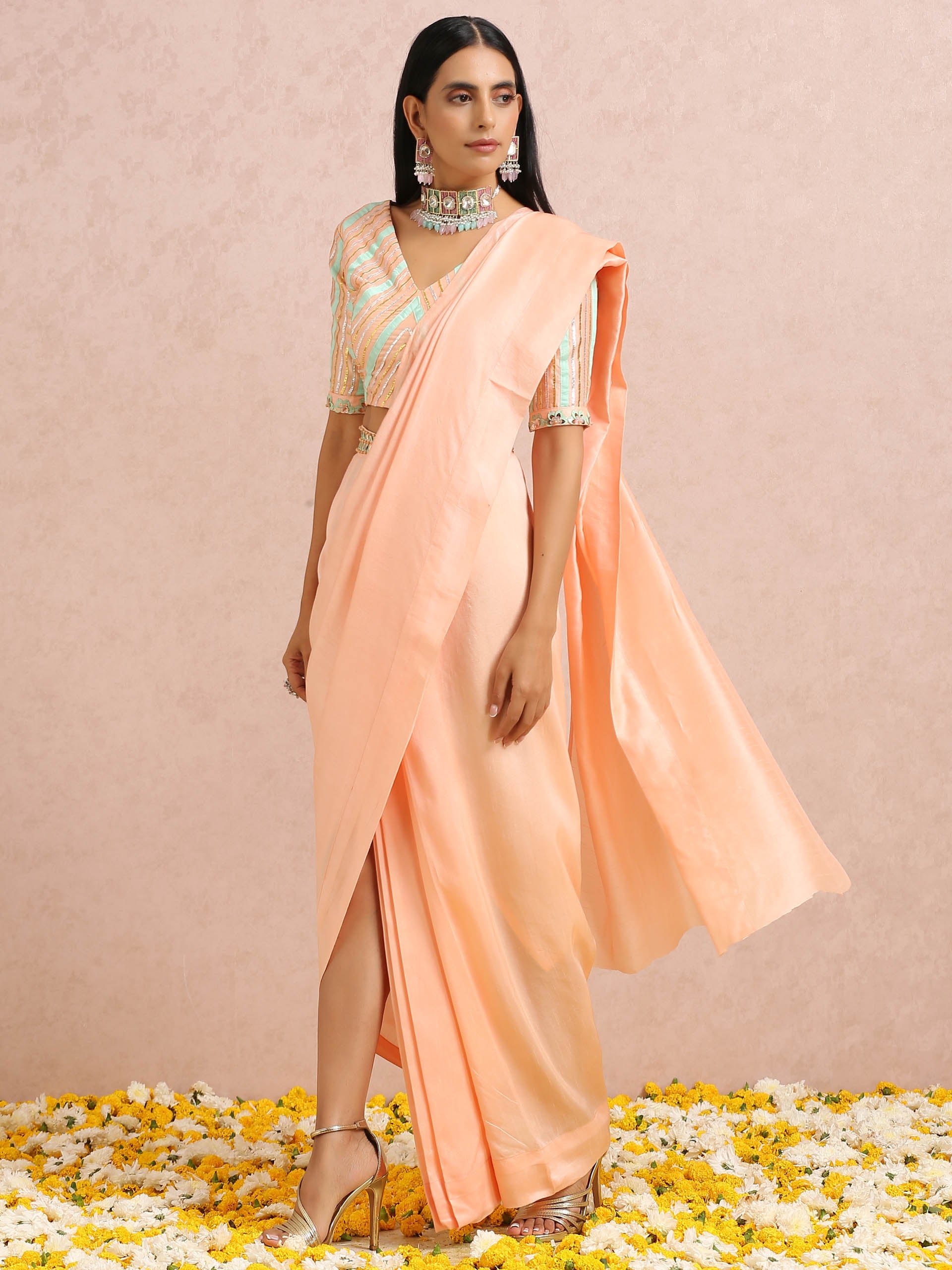 Peach and Mint Pre Draped Saree Set image 2