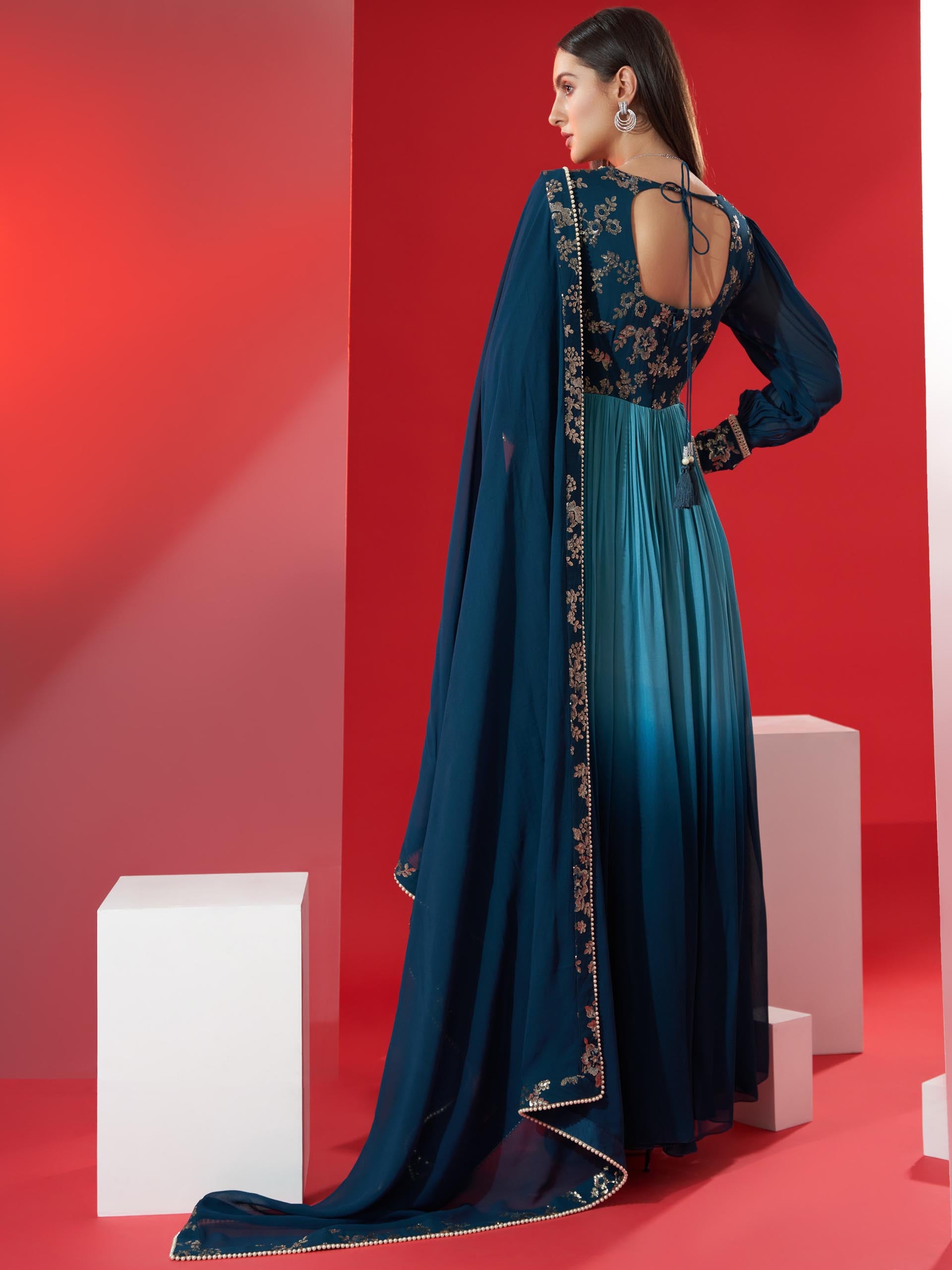 Teal Ombre Sequin Anarkali Set image 2