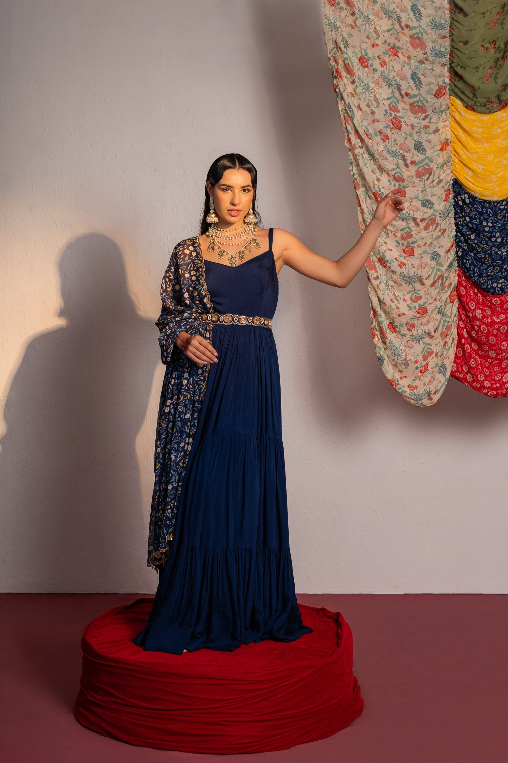 Royal Blue Printed And Embroidered Anarkali Suit Set - XL image