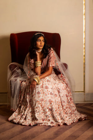 White and Peach Organza Lehenga Set image 9