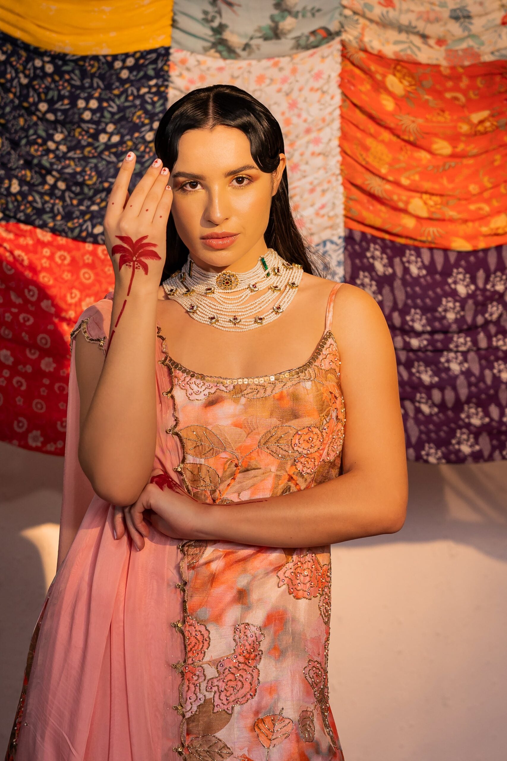 Coral Pink Embroidered And Printed Sharara Set image 6