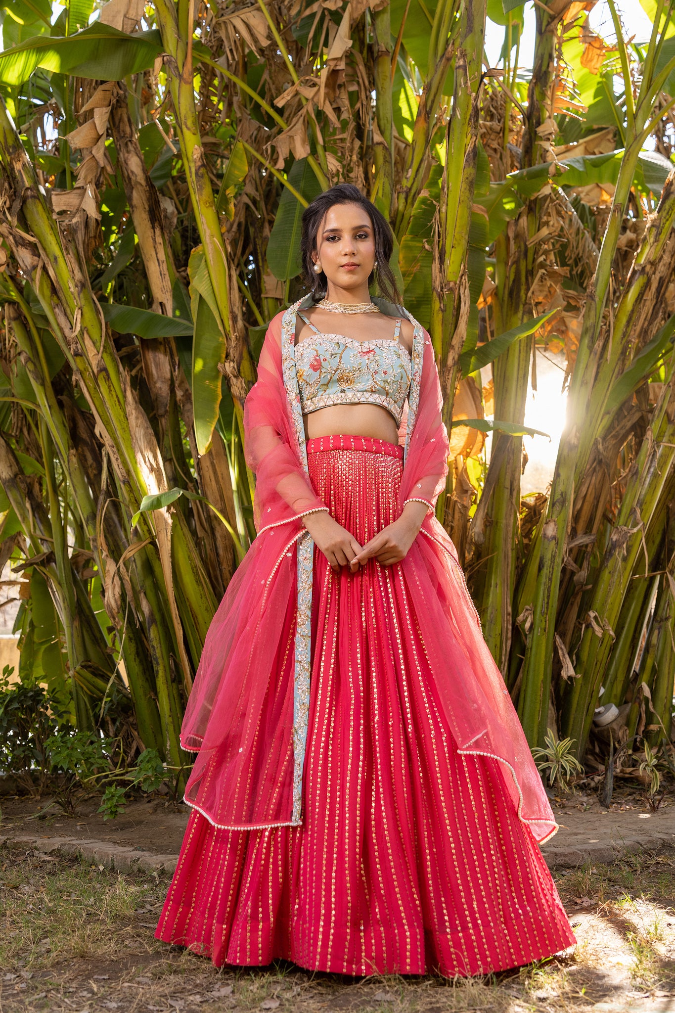 Coral Floral Georgette &amp; Net Embroidered Lehenga Set image 2