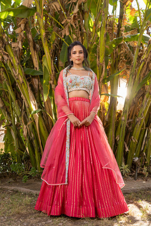 Coral Floral Georgette &amp; Net Embroidered Lehenga Set image 2