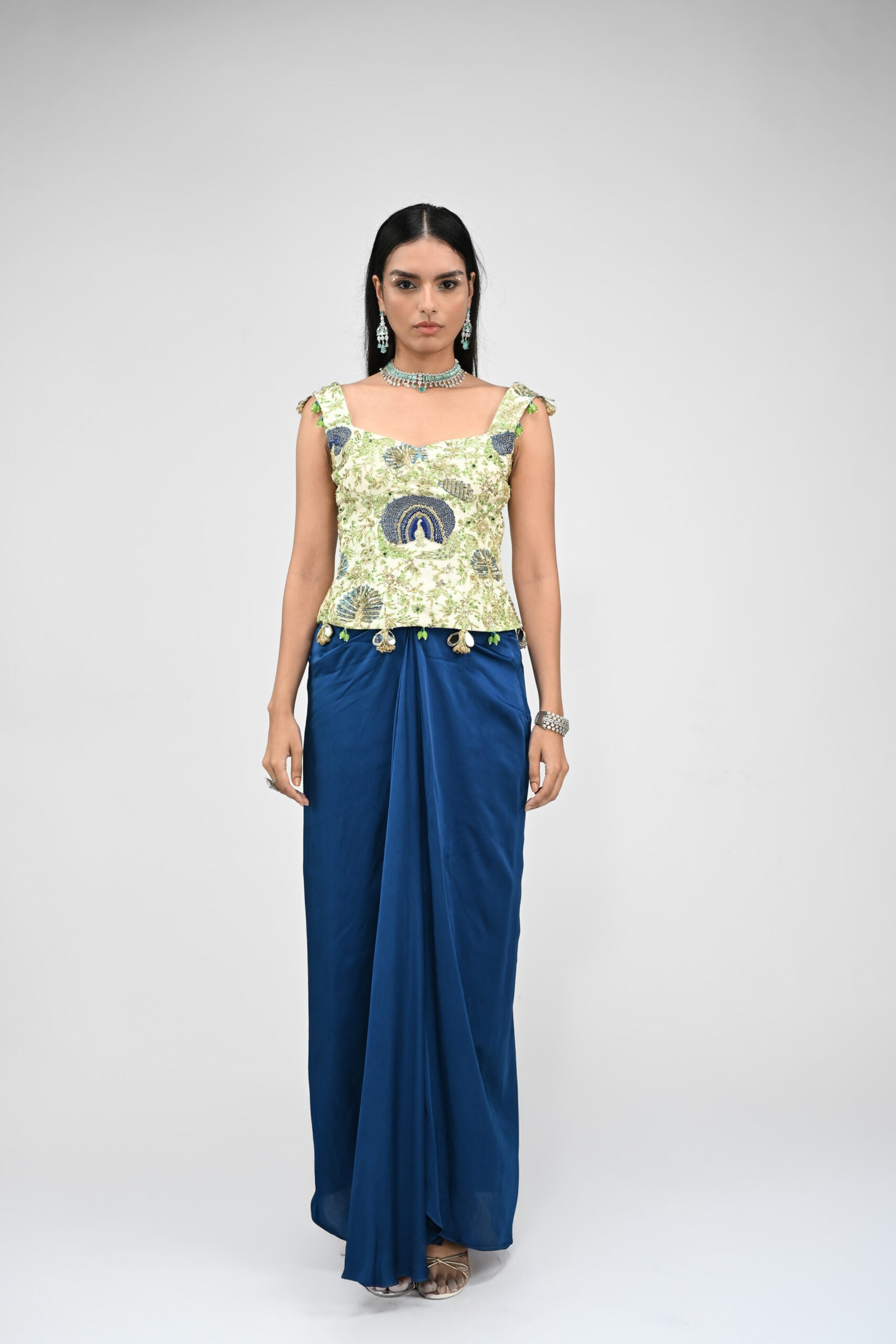 Peacock Highlighted Corset With Cowl Skirt - S image