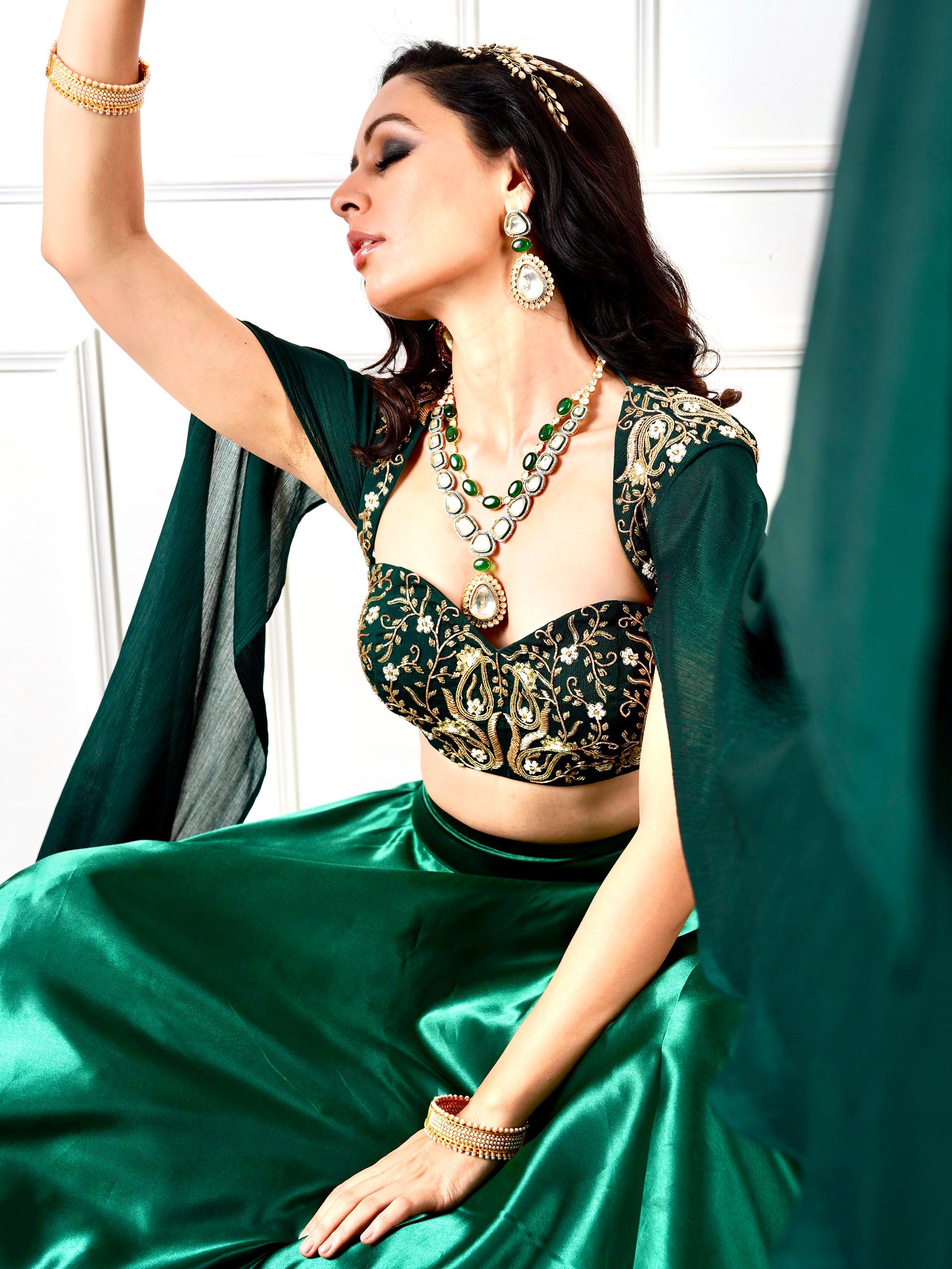 Green Meera Drape Lehenga Set image 5