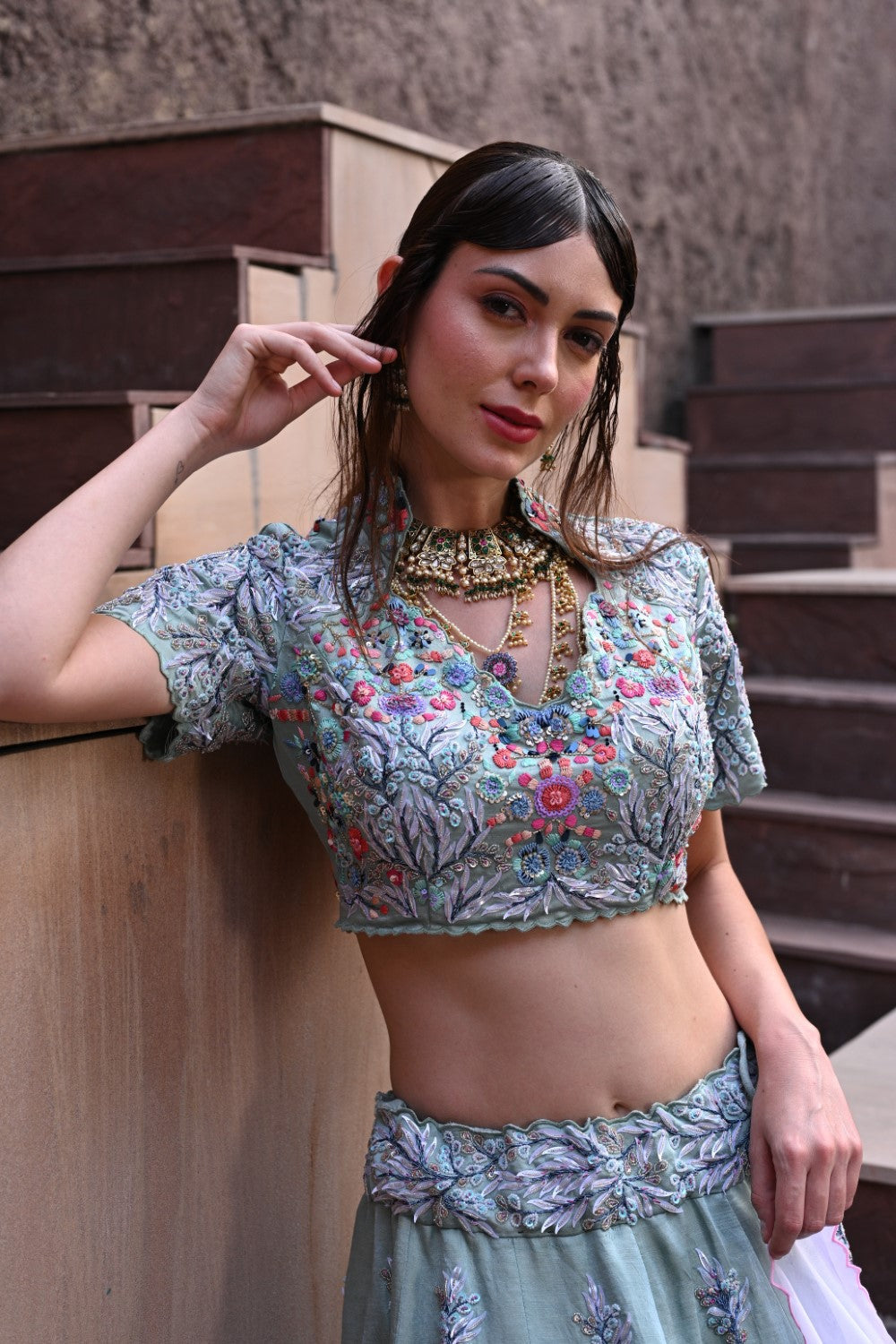 Blue Embroidered and Embellished Heavy Lehenga Set image 1