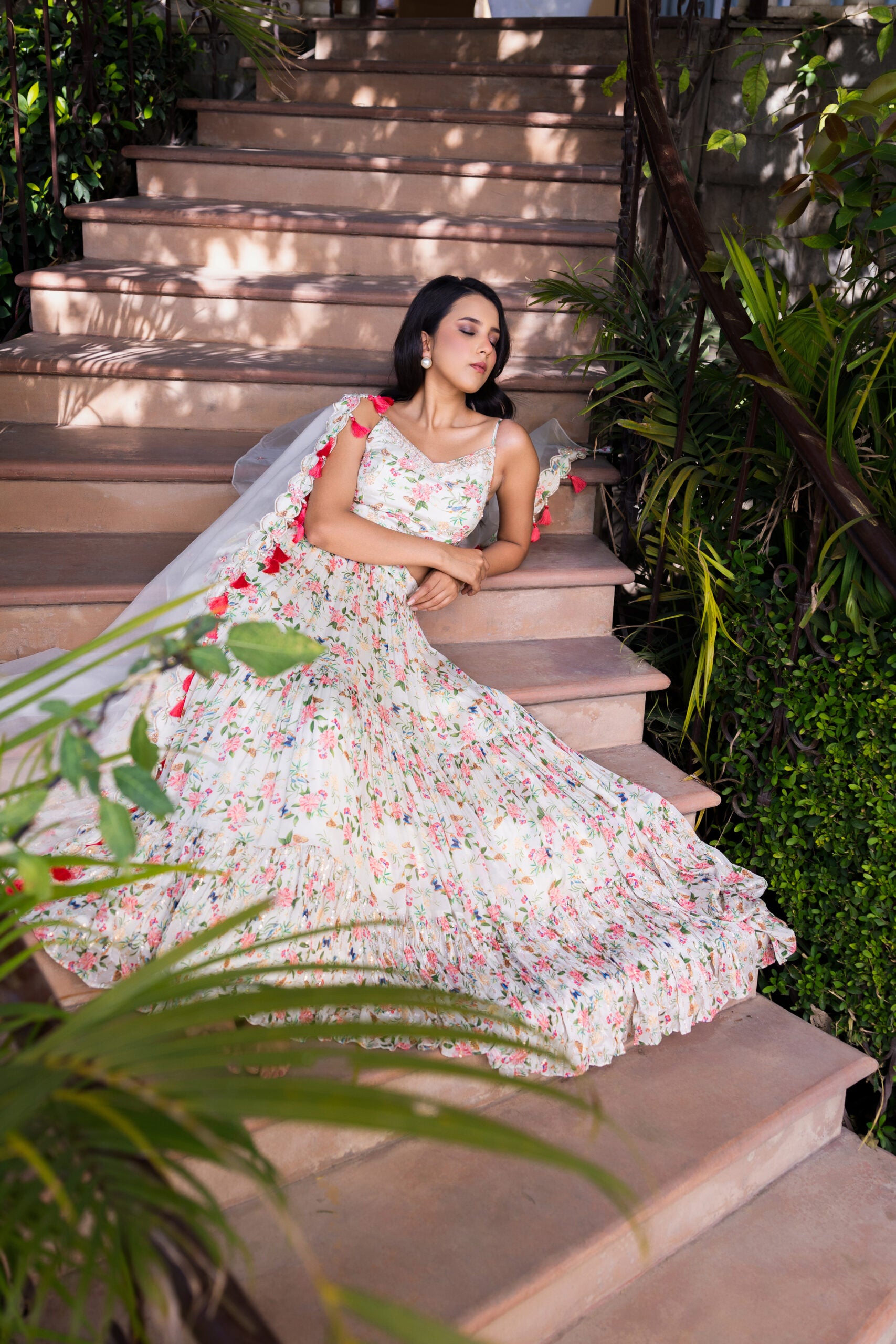 Off-White Floral Georgette Crepe Embroidered Tiered Lehenga Set image 1
