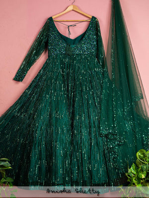 Dark Green Shimmer Anarkali Lehenga Set image 1