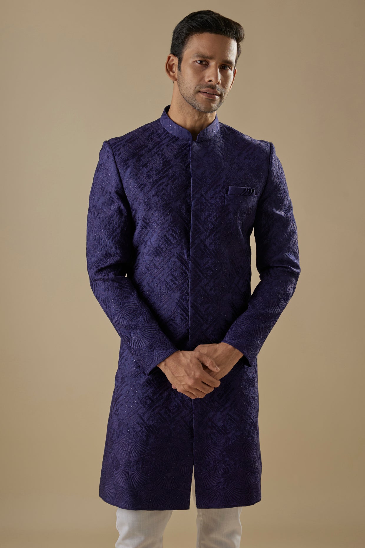 Navy Blue Embroidered Sherwani Set image 3