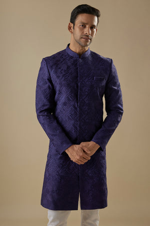 Navy Blue Embroidered Sherwani Set image 3