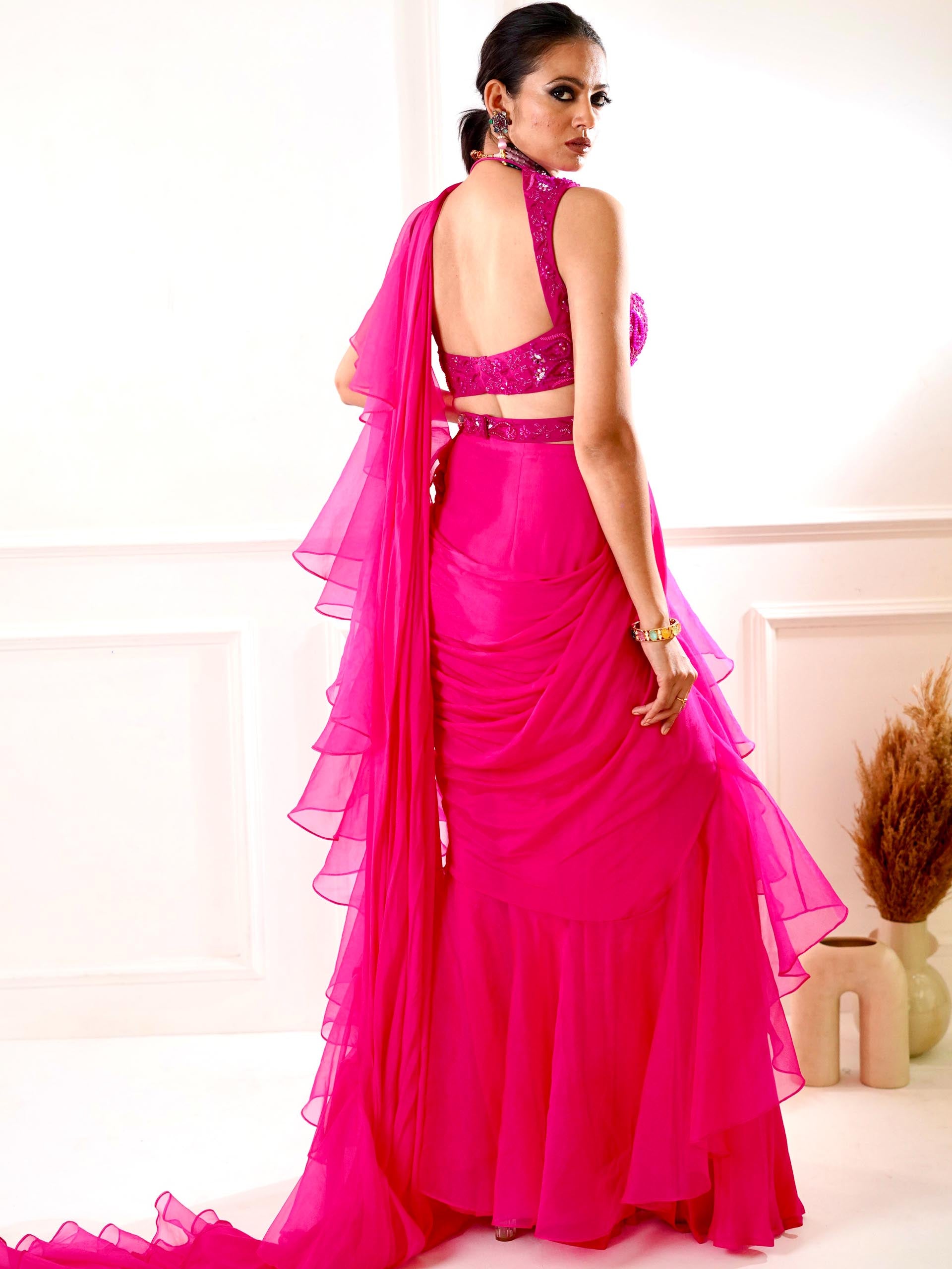 Rosie Hot Pink Ruffle Saree Set image 8