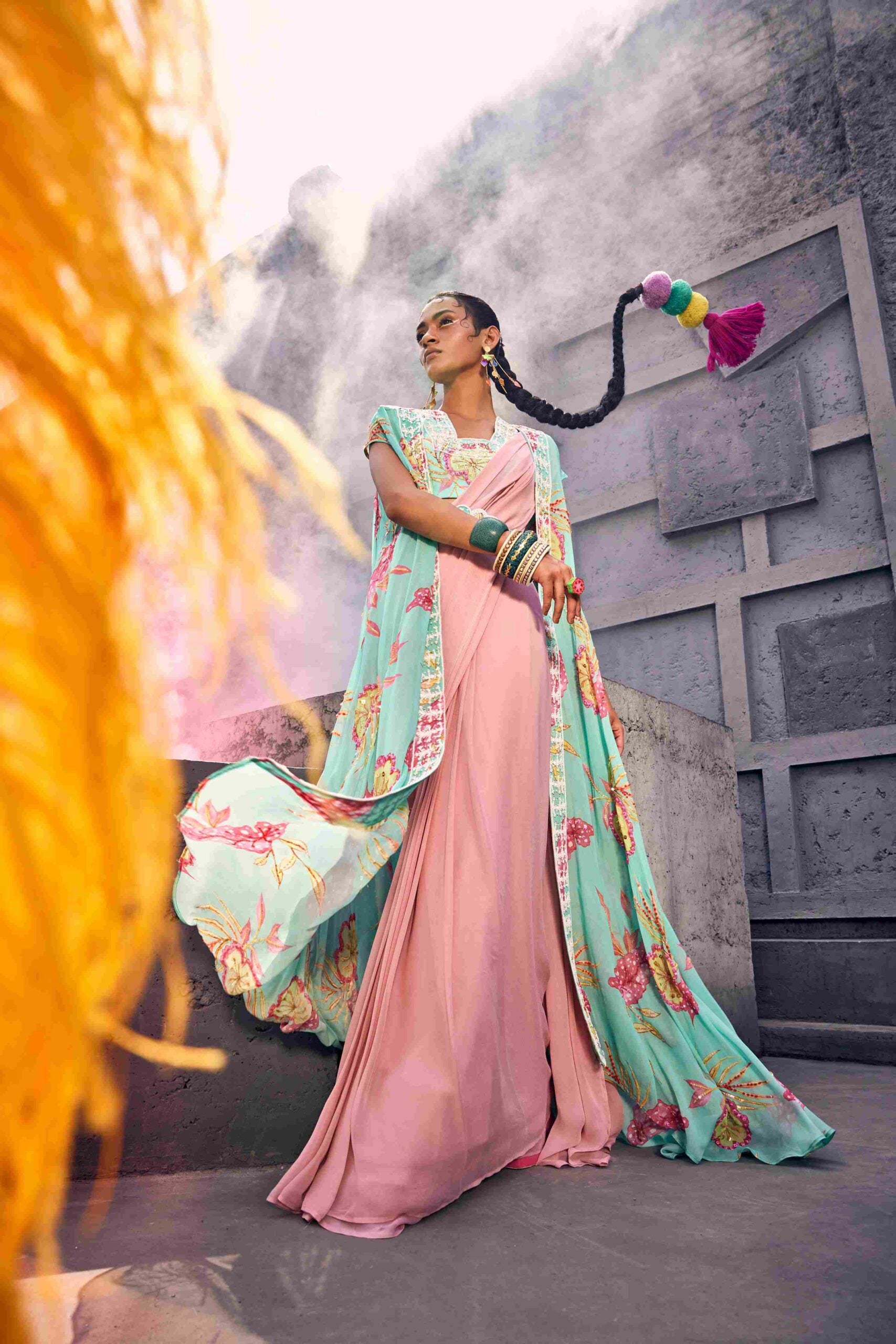 Pastel Pink Saree With Cape And Bustier In Teal Blue - L image