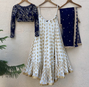 Ivory Lehenga with Navy Blue Blouse Set - M image