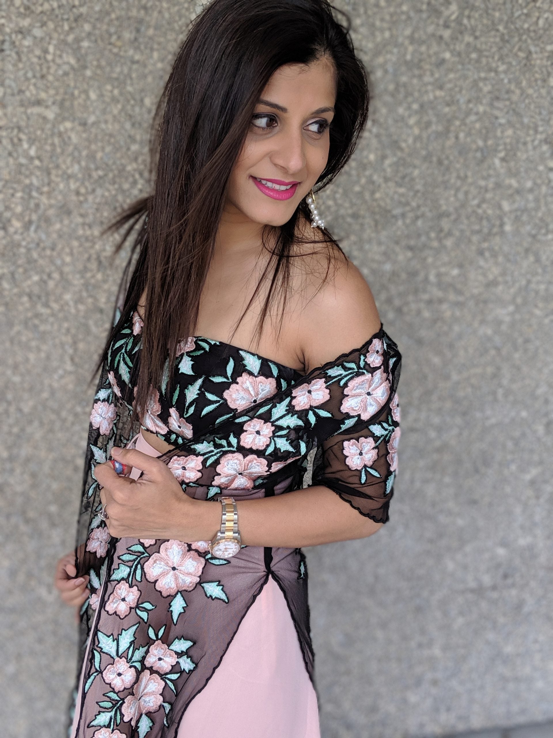 Black Floral Embroidered Jacket Blouse with Pink Palazzo Pants image 2