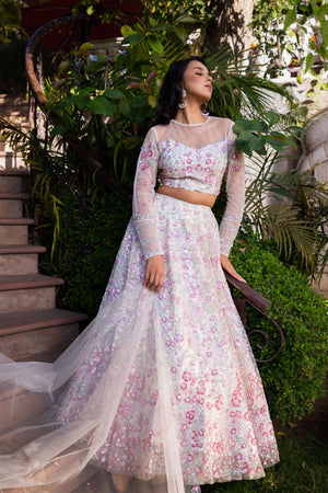 Off-White Net Embroidered Lehenga Set - M image