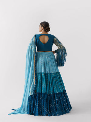 Blue Three Layered Lehenga Paired With Blouse And Dupatta image 4