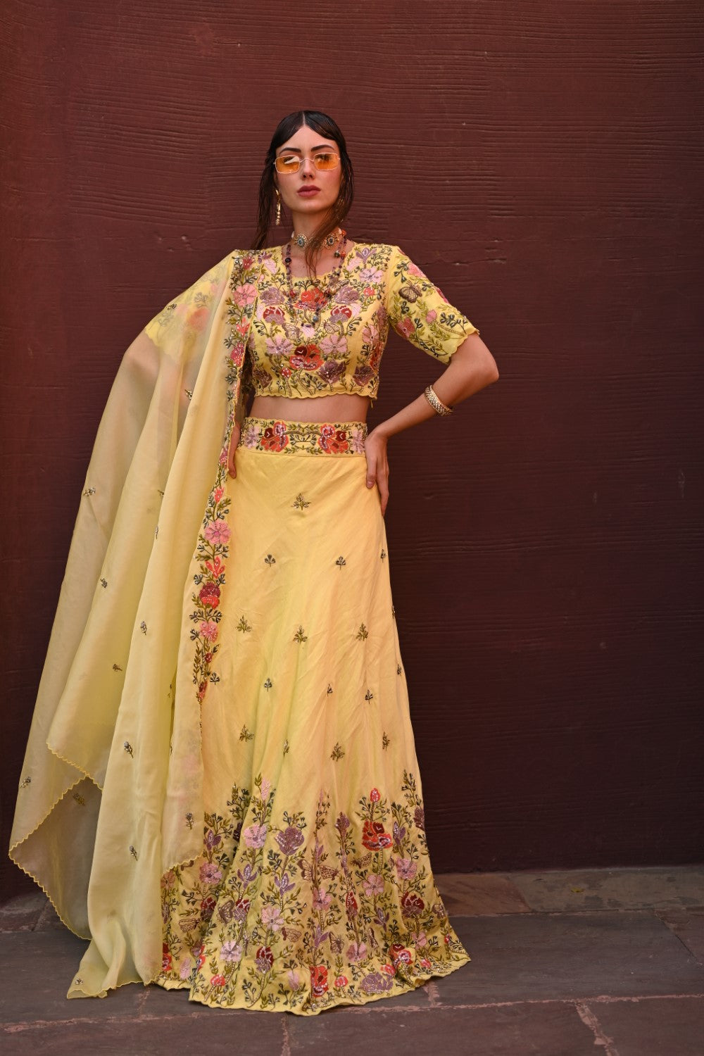 Lemon Yellow Embroidered Lehenga Set image 2