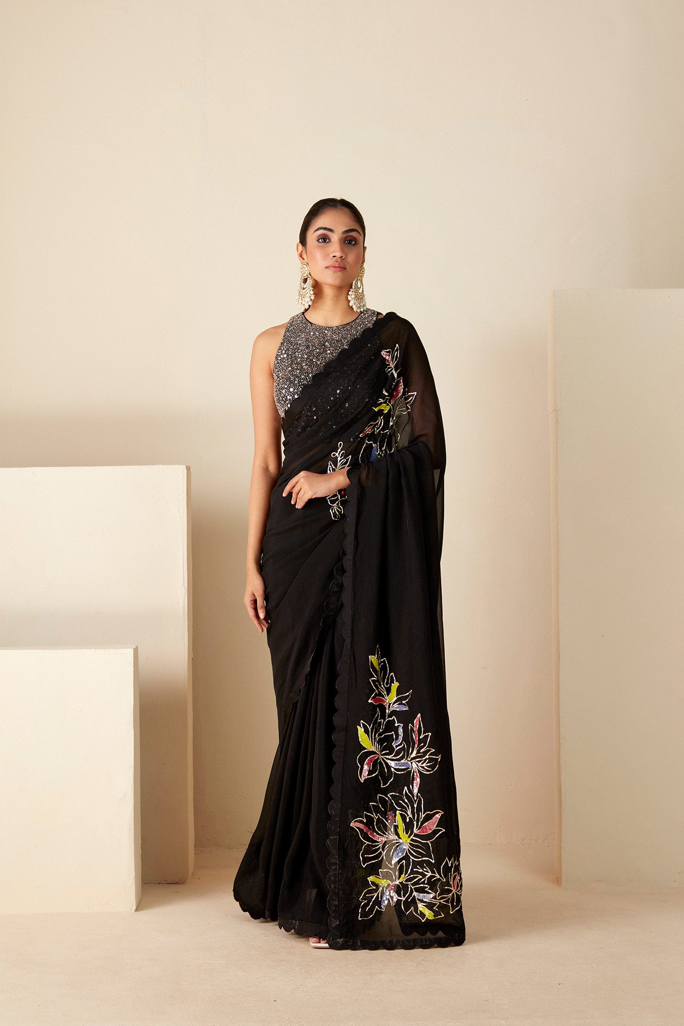 Black Soft Organza and Tussar Silk Saree - XL image
