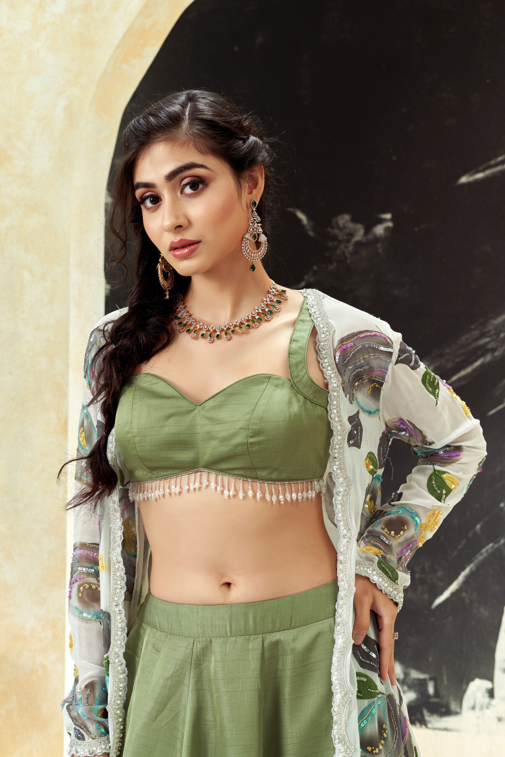 Sage Green lehenga set with hand painted jacket image 1