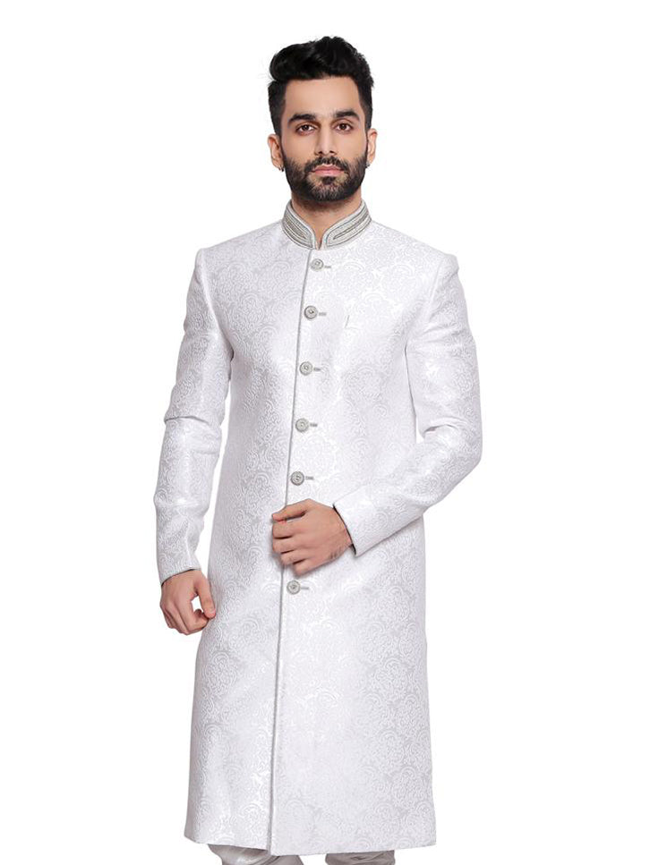 White Self Embroidered Sherwani Set image 1
