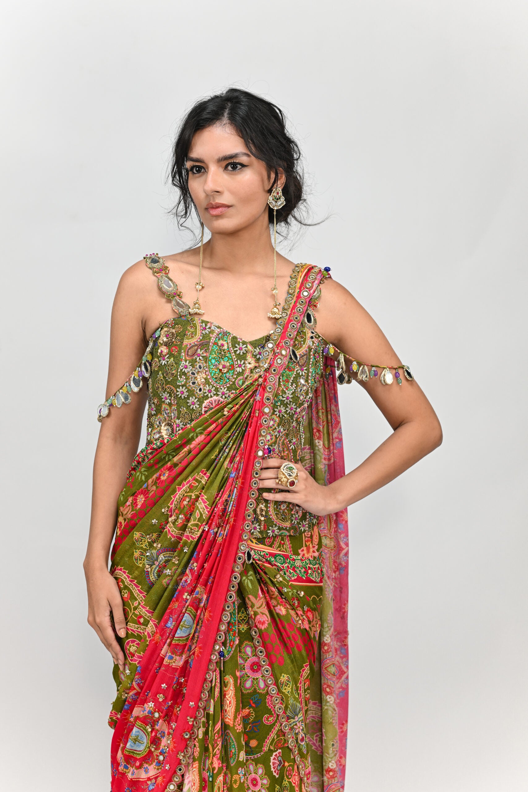 Olive Highlighted Dual Pre Stitched Saree with Green Badla Corset image 4