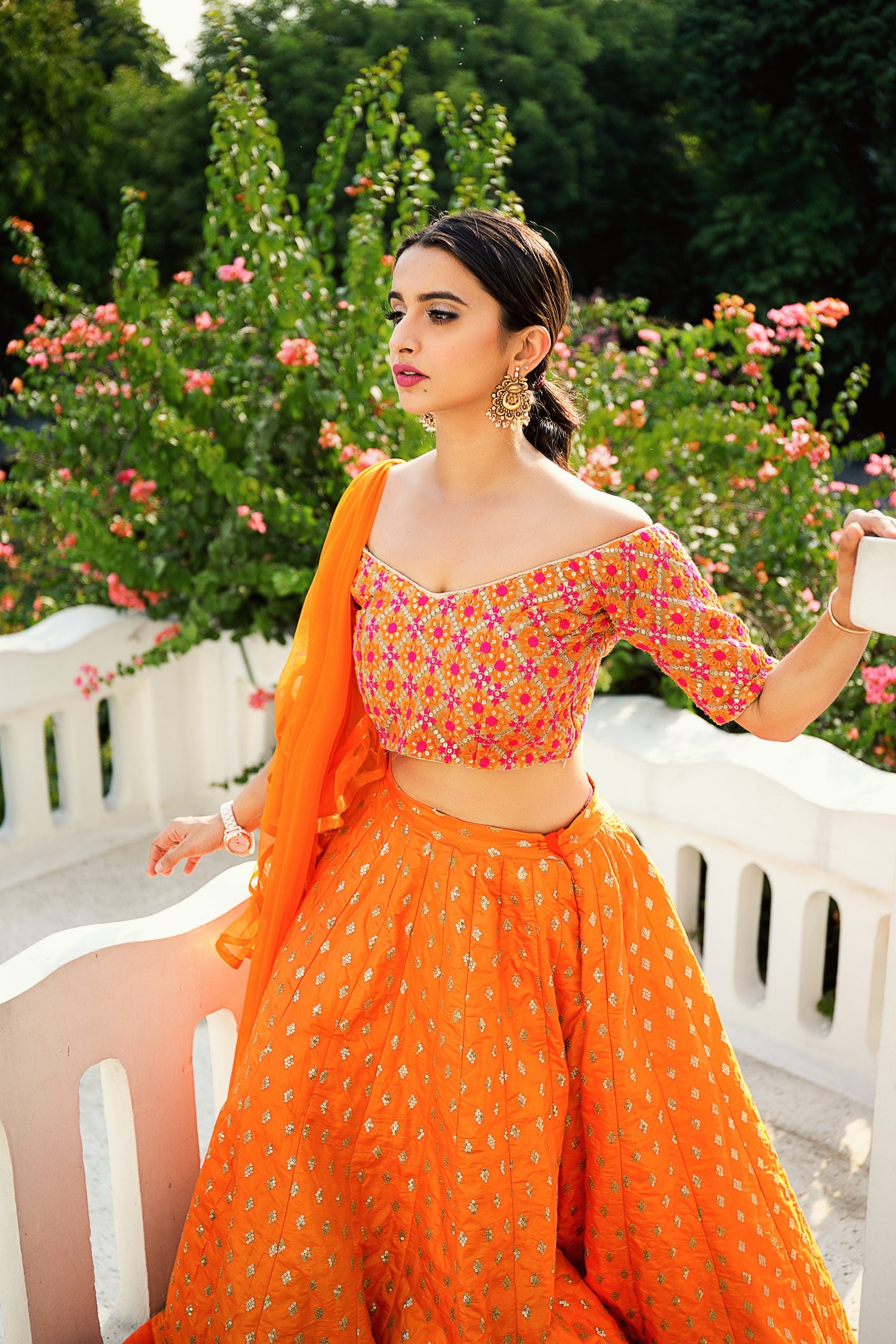 Orange Glitter Motif Lehenga Set with Ruffle Dupatta image 1