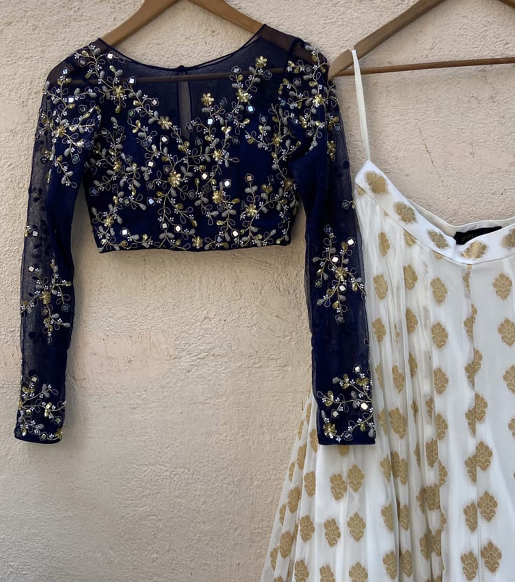 Ivory Lehenga with Navy Blue Blouse Set image 1