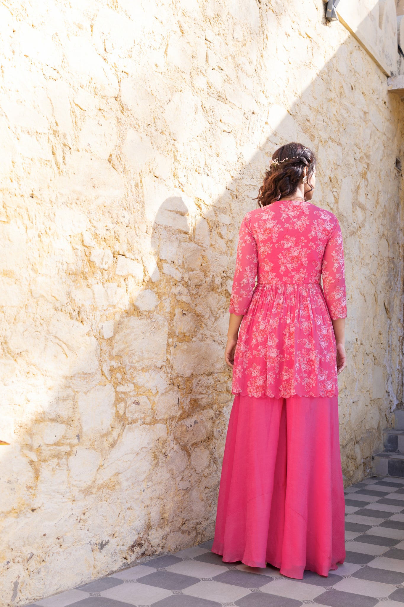 Fuchsia Pink Embroidered Jacket Peplum Set image 4