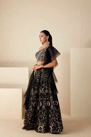 Black Georgette One Shoulder Lehenga Set image 2