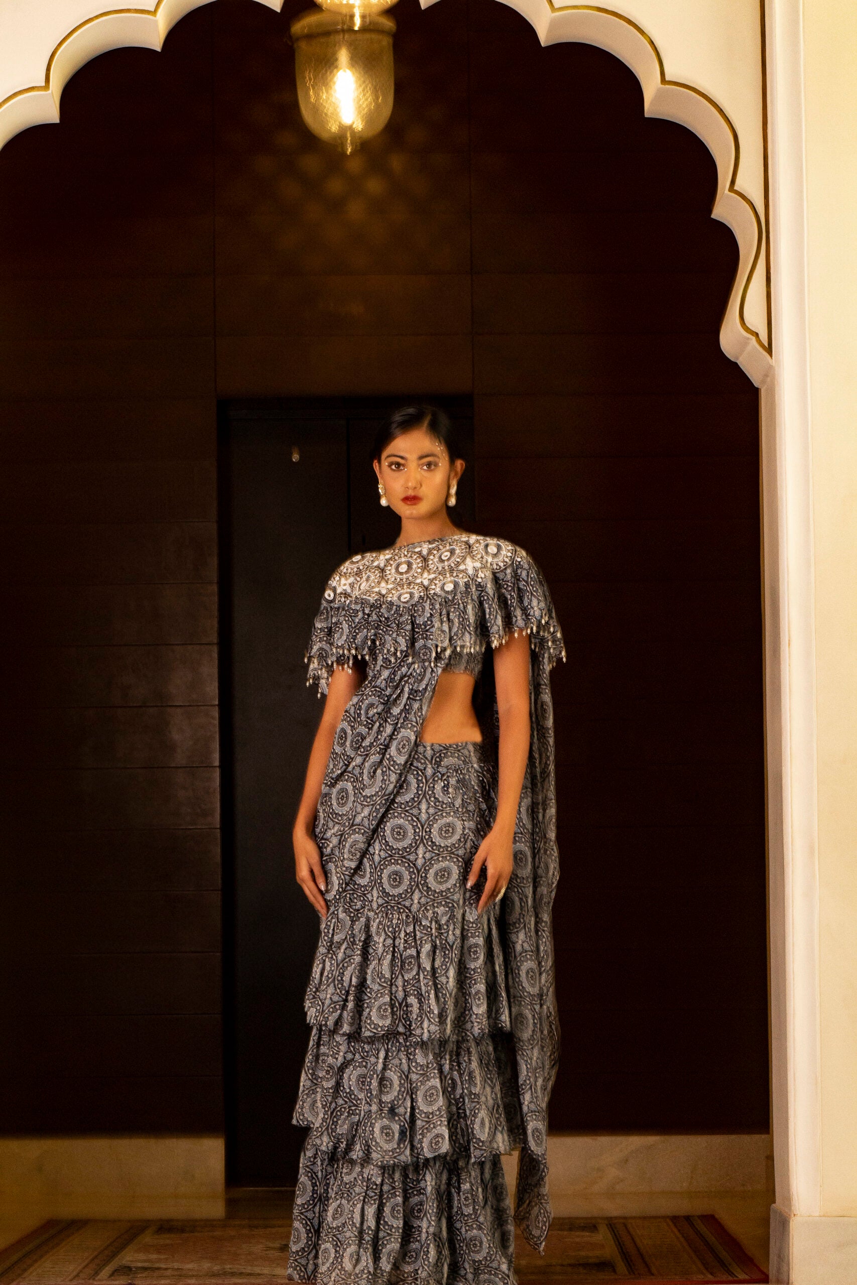 Blue Printed Skirt Saree Set image 4