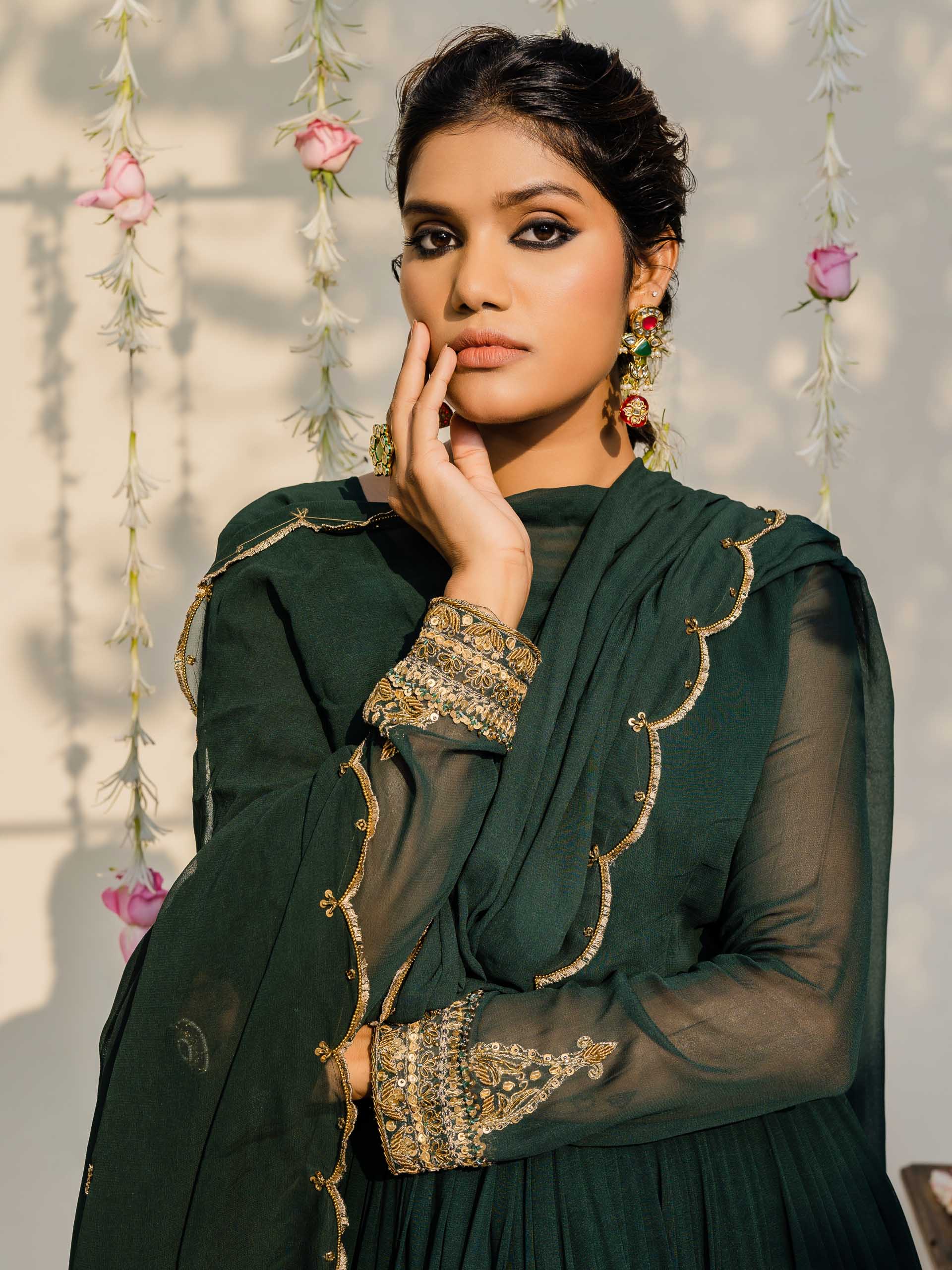 Bottle Green Anarkali Set with Belt image 6