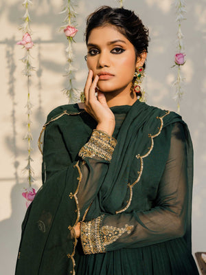 Bottle Green Anarkali Set with Belt image 6