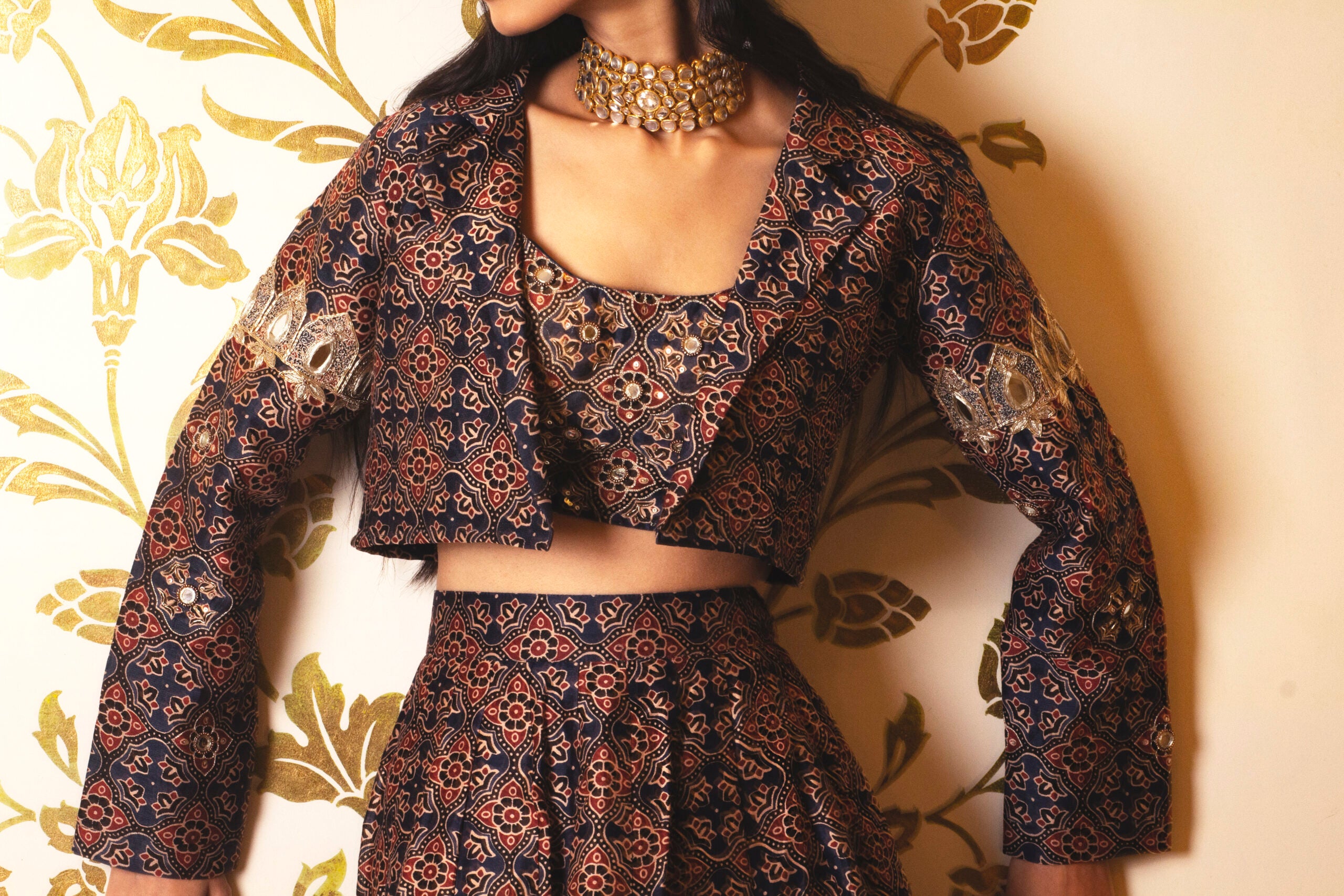 Ajrakh Print Skirt and Coat Set image 3