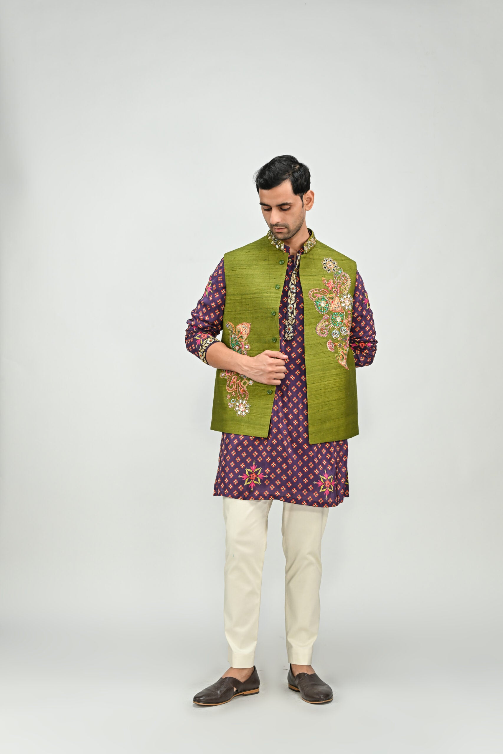 Plum Kurta Paired with Patch Olive Bundi  Pant Set image 1